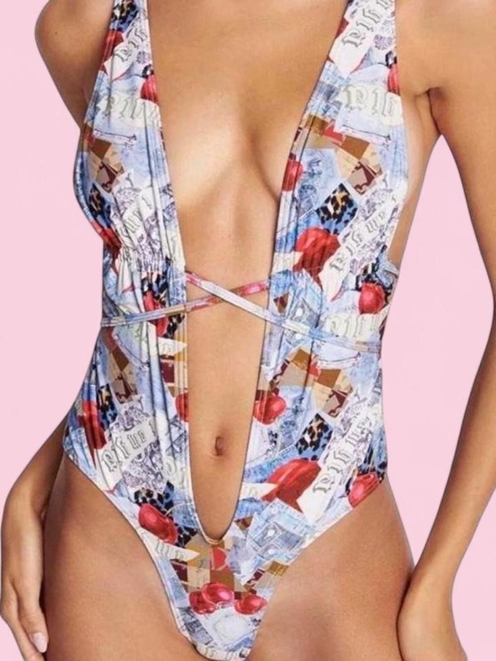 I.AM.GIA Multicolor Plunge One-Piece Swimsuit — Light Blue, Red